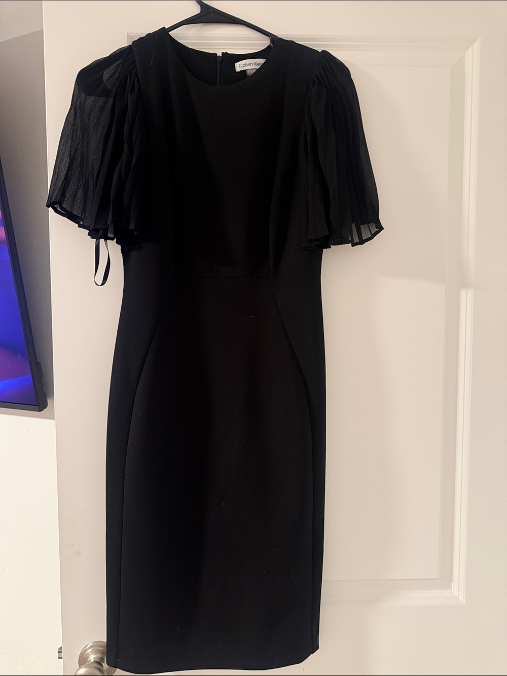 Calvin Klein Black Midi Dress with Pleated Chiffon Sleeves